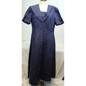 Vtg 1980s Lanz Navy Blue Sailor Style Dress sz 14 Traditional Embroidered Linen